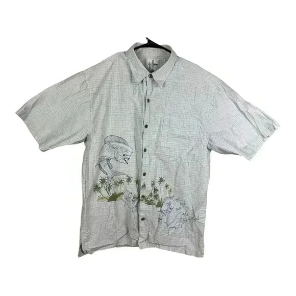 Guy Harvey AFTCO Shirt Mens L White Mahi Mahi Fish Print Short Sleeve Button Up - Picture 1 of 12
